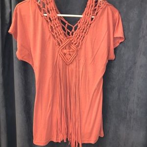 Audrey Ann Macramé Fringed Peach Shirt